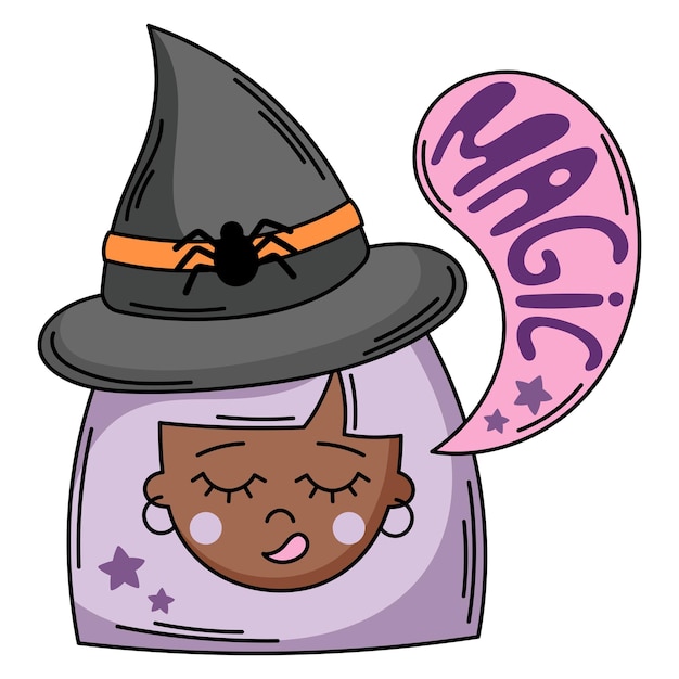 Schattig heks gezicht vectorillustratie. Grappige cartoon zwart meisje. Halloween magische karakter clipart