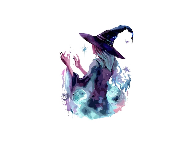 Vector schattig heksenmeisje in een hoed op een witte achtergrond versierd met bloemen grafische illustratie