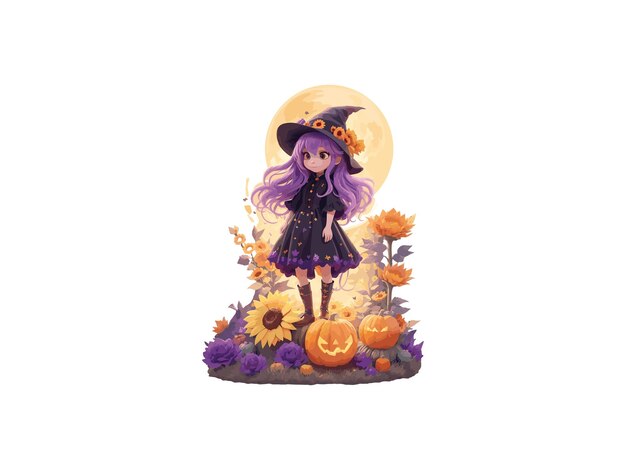 Schattig heksenmeisje versierd met pompoen en bloemen aquarel Halloween Concept PNG clipart