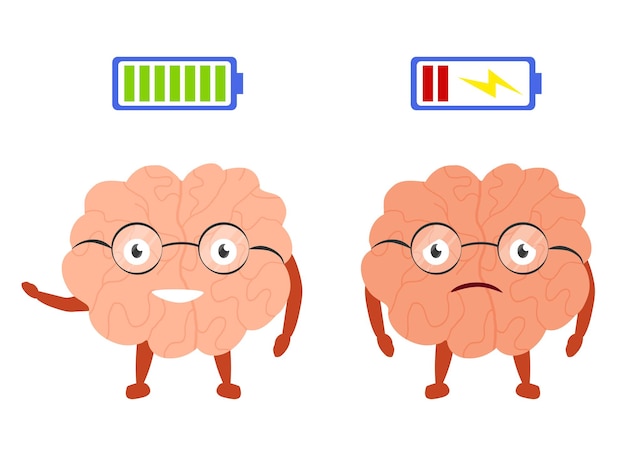 Schattig hersenen karakter met lage en volledige levensduur batterij Vermoeidheid en geluk concept Cartoon vectorillustratie geïsoleerd op witte achtergrond Triest ongelukkig vermoeidheid en vrolijk lachend gezicht