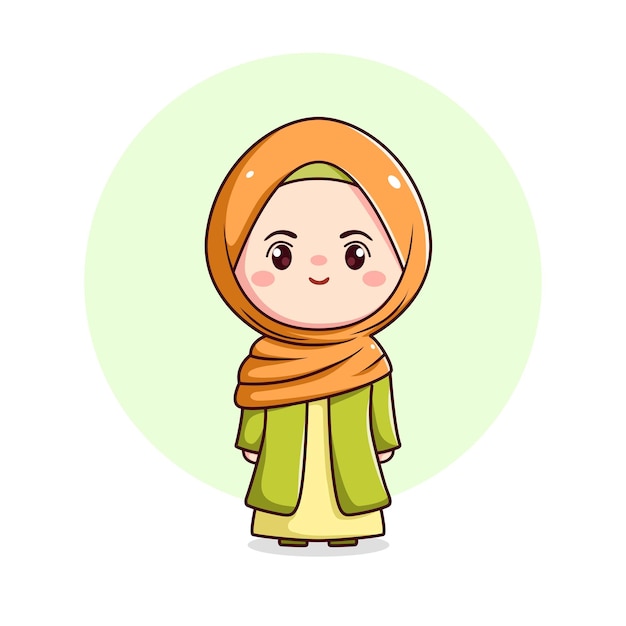 Schattig hijab meisje met groene jurk kawaii chibi plat karakter