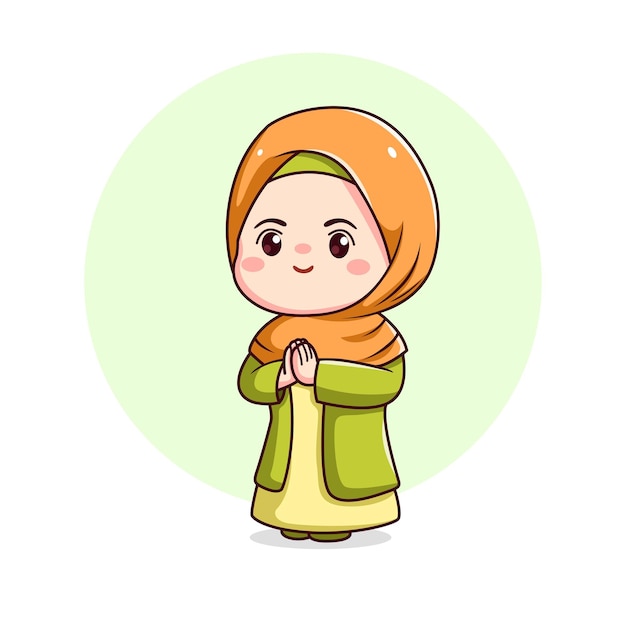 Schattig hijab meisje met kawaii chibi plat karakter