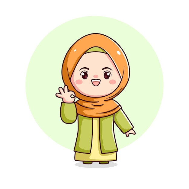 Schattig hijab meisje met ok teken kawaii chibi plat karakter