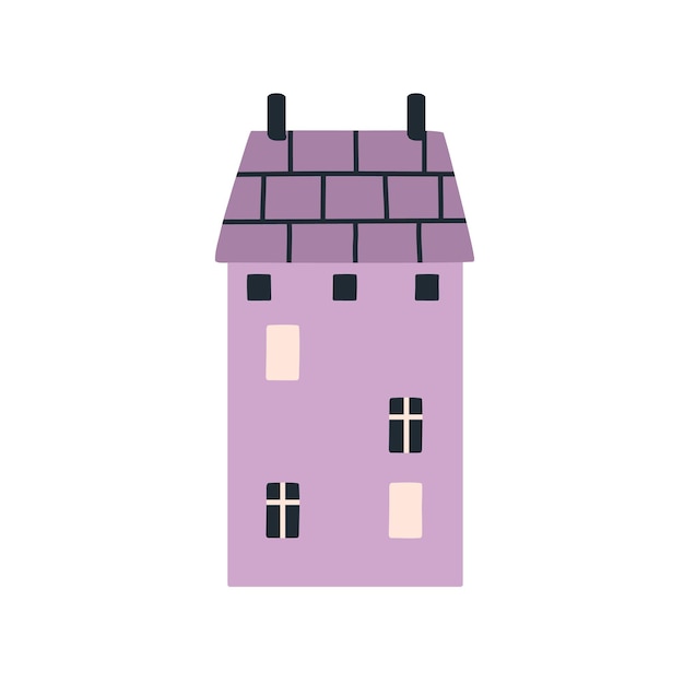 Schattig huisje in Scandinavische stijl. Gezellig zoet noords huis in de oude stad. Buitenkant van een klein gebouw met verlichting in de ramen. Scandi kinderen platte vectorillustratie geïsoleerd op witte achtergrond.