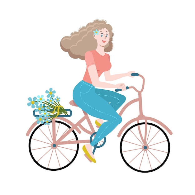 Vector schattig jong meisje op een fiets met bloemen op witte achtergrond