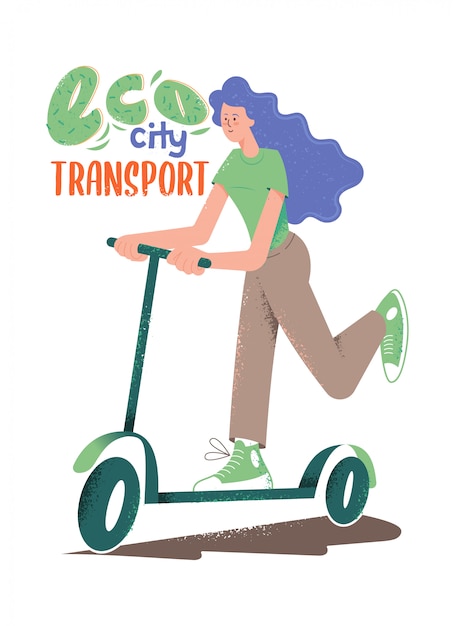 Schattig karakter van een jong meisje het besturen van een electro scooter in hipster cartoon stijl met texturen en zin "ECO stadsvervoer".