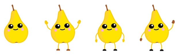 Schattig kawaii-stijl peer fruit icoon, grote ogen, glimlachend. Uitvoering met handen omhoog, omlaag en zwaaiend.