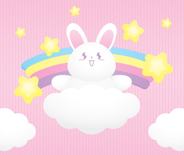 schattig kawaii wit konijn met kleurrijke regenboog en mooie sterren illustratie vector