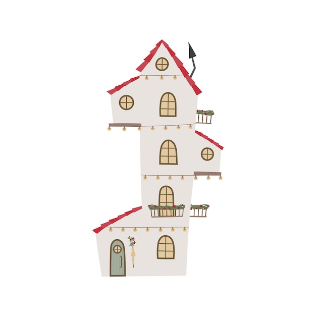 Schattig kersthuis met rood dak schoorsteen balkon Vector illustratie voor spandoek kaart