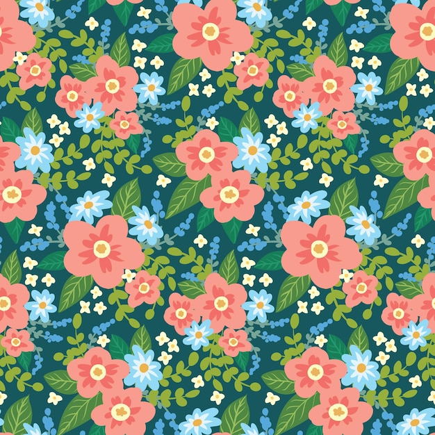 Schattig kinderachtig bloemenpatroon met bloeiende weide Naadloos patroon met boeketten van kleine bloemen Roze en blauwe bloemen op een donkere achtergrond