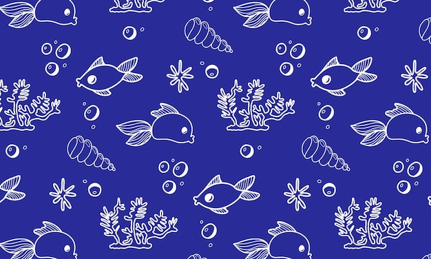 Schattig kinderachtig marien patroon met viskoralen schelpen op een donkerblauwe achtergrond Achtergrond voor het bedrukken van kindertextiel en inpakpapier