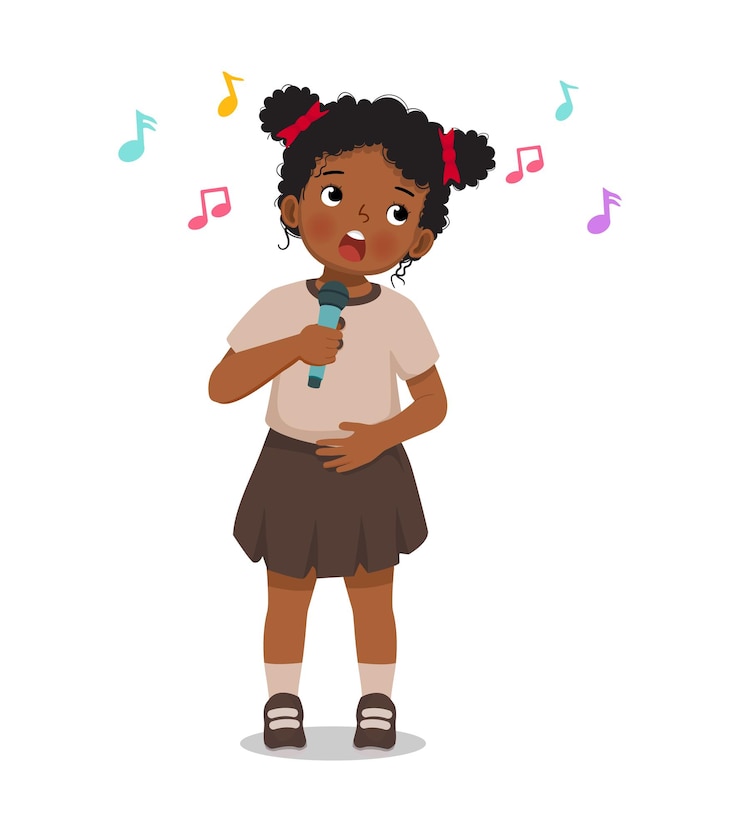 Vector schattig klein afrikaans meisje dat een lied zingt met een microfoon