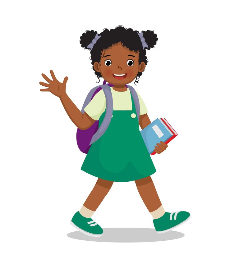 Vector schattig klein afrikaans schoolmeisje met rugzak met boeken die met de hand naar school lopen
