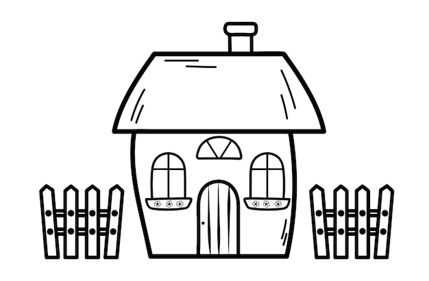 Schattig klein huis met hek in doodle stijl Sweet home Vector handgetekende illustratie geïsoleerd