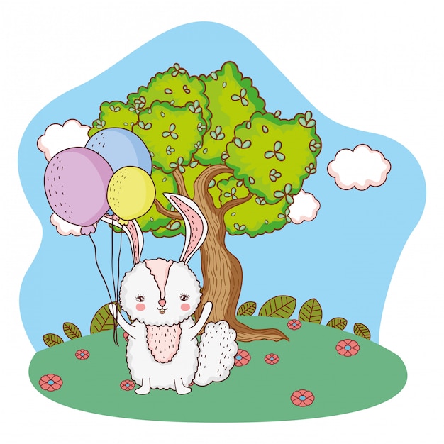 schattig klein konijn met ballonnen helium in het park