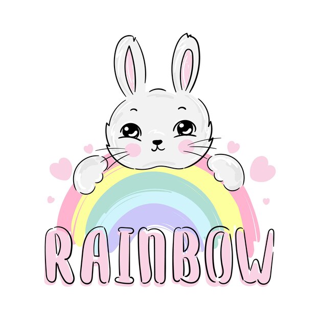 Schattig klein konijntje op regenboog cartoon design print konijn vector