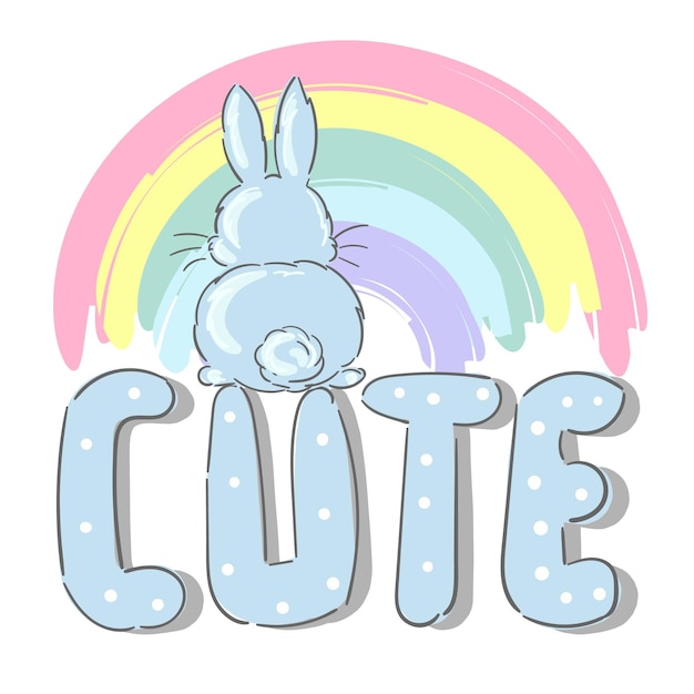 Schattig klein konijntje op regenboog en tekstslogan Schattig konijn handgetekende illustratie vector geïsoleerde achtergrond