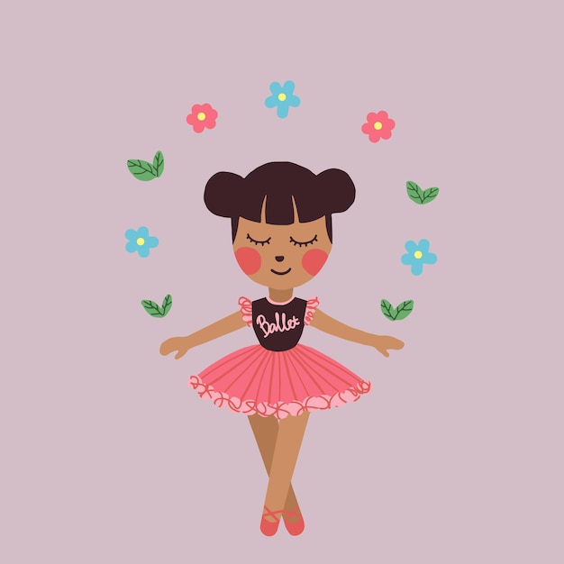 Schattig klein meisje doet balletdans op roze tutu rok vectorillustratie met bloemen