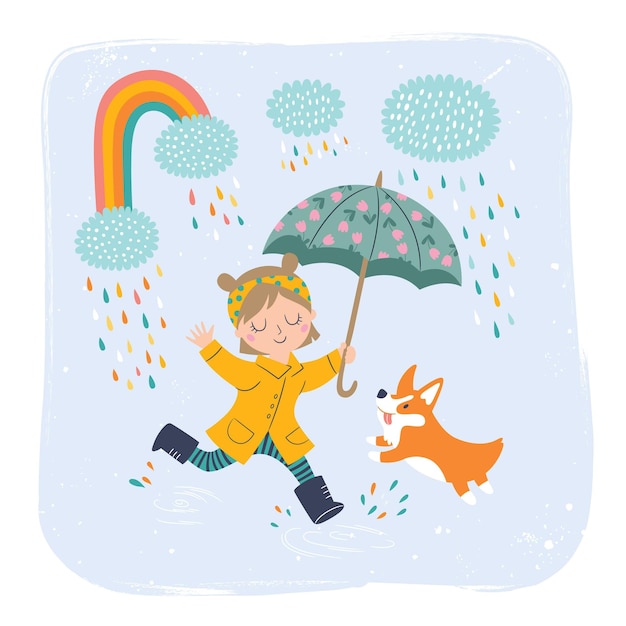 Schattig klein meisje in een gele regenjas met paraplu illustratie van een klein meisje met hond geniet van regenachtige dag illustratie