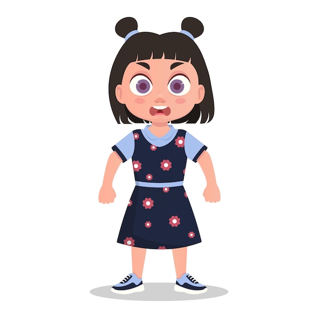 Schattig klein meisje in een mooie jurk, boos. vector illustratie