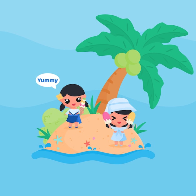 schattig klein meisje karakter eet ijs op het strand in de zomer platte ontwerp cartoon stijl vector