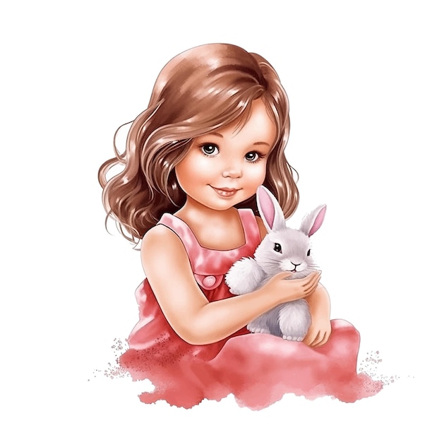 Schattig klein meisje met bunny aquarel verf