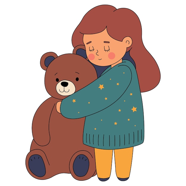 Schattig klein meisje met een bruin teddybeer speelgoed in haar handen