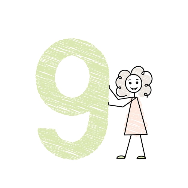 Vector schattig klein meisje met grote groene nummer negen nummers voor kinderen eenvoudige doodle hand potlood getekende vector