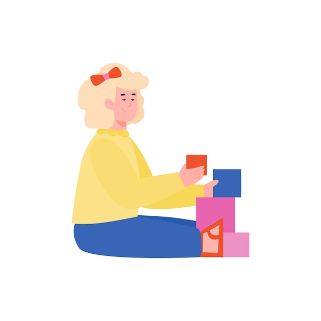Schattig klein meisje spelen blokken zittend op de vloer, cartoon platte vectorillustratie geïsoleerd op een witte achtergrond. Vroeg onderwijs en intellectuele ontwikkeling.