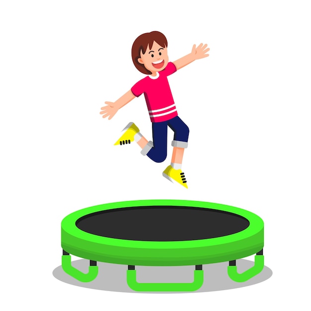 Vector schattig klein meisje spelen springen op de trampoline