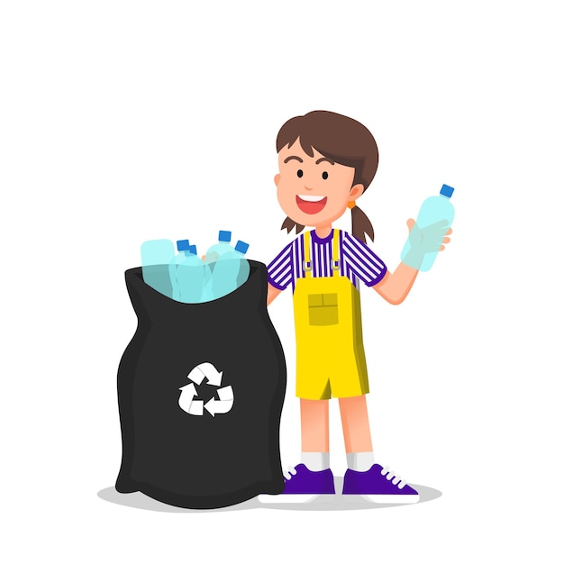 Vector schattig klein meisje verzamelt afval in flessen om naar de prullenbak te brengen