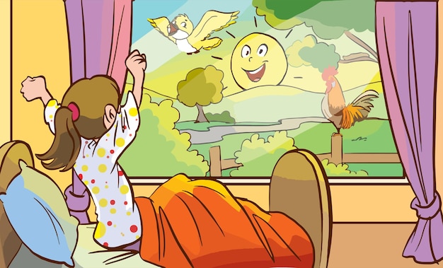 schattig klein meisje wordt wakker bij zonsopgang in de ochtend cartoon vector