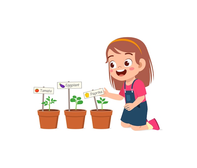 Vector schattig klein meisje zorgt voor groenteplant