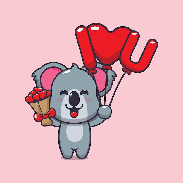 schattig koala stripfiguur met liefdesballon en liefdesbloemen