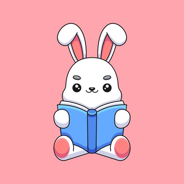 Schattig konijn lezen boek cartoon mascotte doodle kunst hand getrokken concept vector kawaii pictogram illustratie