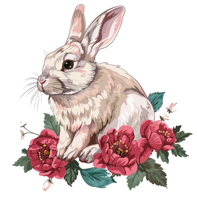 Schattig konijn met bloemen Vintage Vector Illustratie