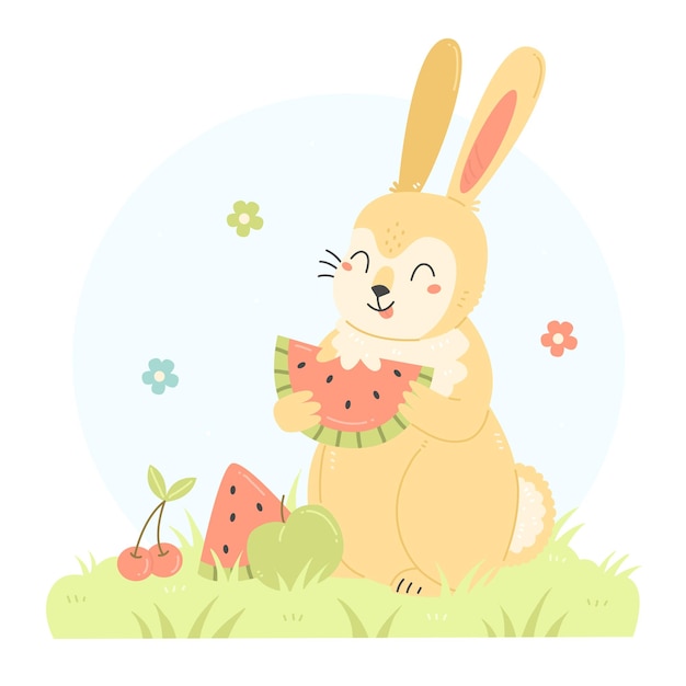 Schattig konijn met fruit eet watermeloen Een konijnenkarakter in een vlakke tekenfilmstijl