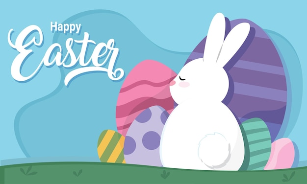 Schattig konijn met geschilderde paaseieren Happy Easter Vector