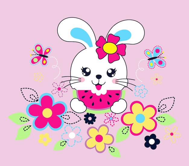 schattig konijntje versierd met bloemen Vectorbeelden