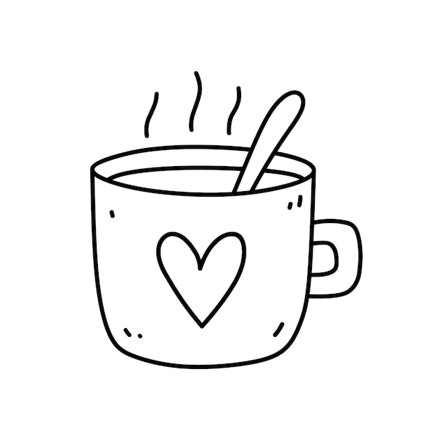 Schattig kopje warme koffie met lepel geïsoleerd op wit Hand getekende illustratie in doodle stijl