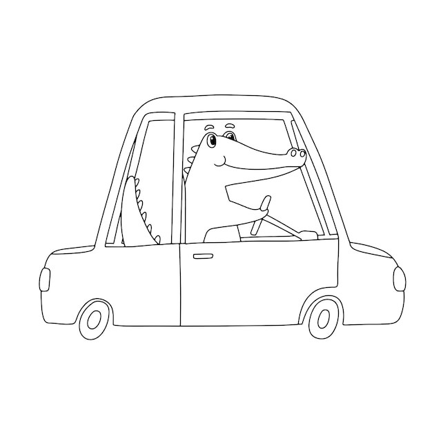 Schattig krokodil karakter rijden in auto Grappige Alligator geïsoleerd op wit Overzicht vectorillustratie voor kleurboek