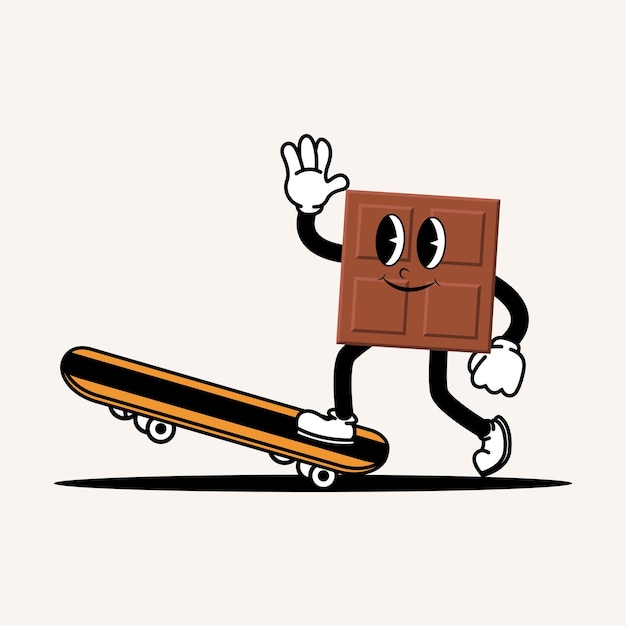 Schattig lachend bruin mascotte karakter spelen skateboard Doodle vintage stijl illustratie concept