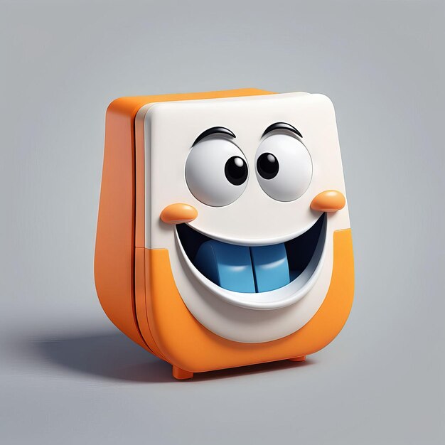 Vector schattig lachend gelukkig cartoon personage met oranje koffer 3d rendering schattig glimlachend gelukkig karretje