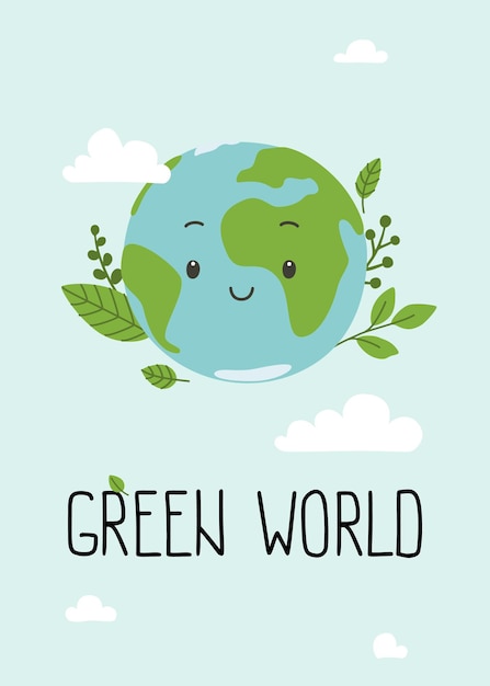 Schattig lachend gezicht van planeet aarde ecologie poster.