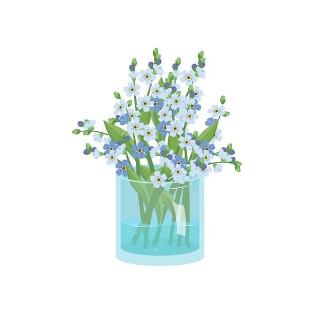 Schattig lente- en zomerboeket van kleine blauwe vergeet me niet bloemen met stengels en bladeren in blauwe glazen vaas Interieurontwerp Plantenwinkel Vectorillustratie