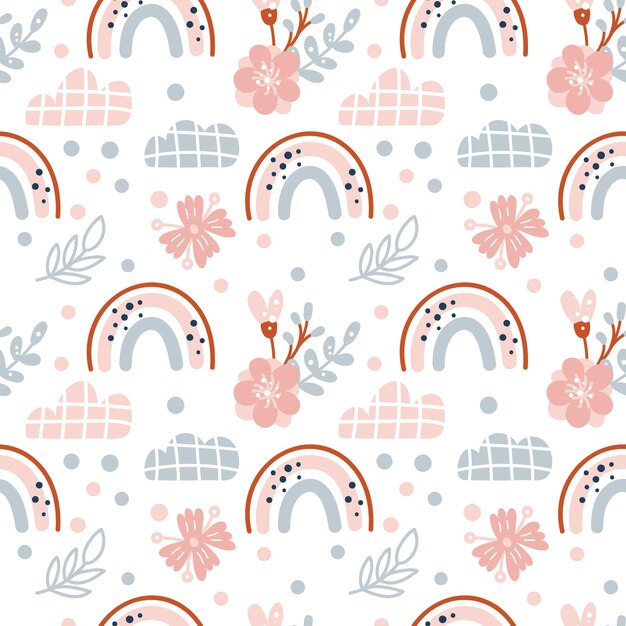Schattig lente naadloos vectorpatroon met handgetekende Scandinavische regenbogen en polka dot-elementen met bloem