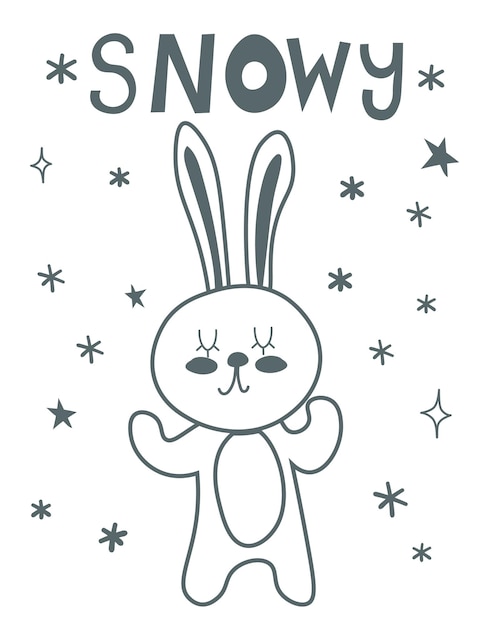Schattig lijnkonijn met besneeuwde tekst sneeuwvlokken achtergrond bunny groet cadeau ontwerpsjabloon Platte ontwerp vector illustratie EPS