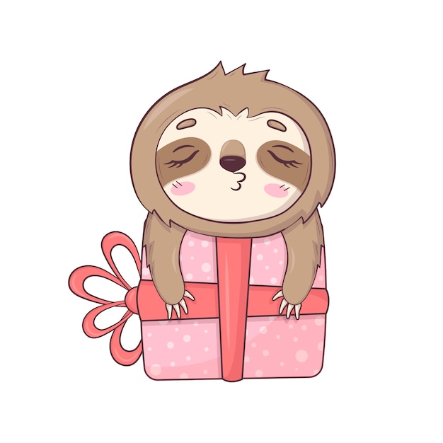 Schattig luiaard kawaii karakter met geschenkdoos voor valentijnsdag