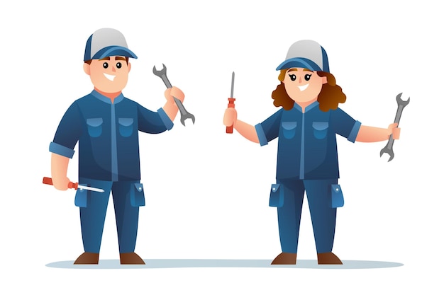 schattig mannelijk en vrouwelijk mechanisch karakter met sleutel en schroevendraaier