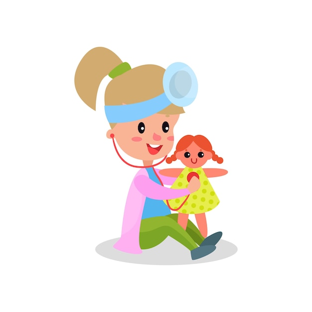 Schattig meisje arts in professionele kleding die haar pop behandelt, kind speelt arts vectorillustratie geïsoleerd op een witte achtergrond